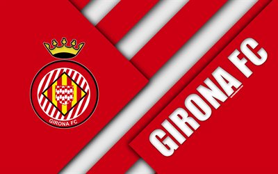 Girona FC, 4K, espagnol, Club de Football, le logo, la conception de mat&#233;riaux, rouge abstraction, le football, La Liga, G&#233;rone, Espagne