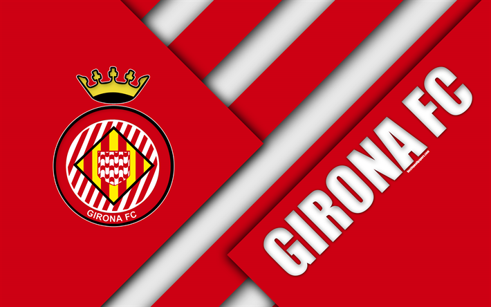Girona FC, 4K, Spanish Football Club, logo, material design, red abstraction, football, La Liga, Girona, Spain
