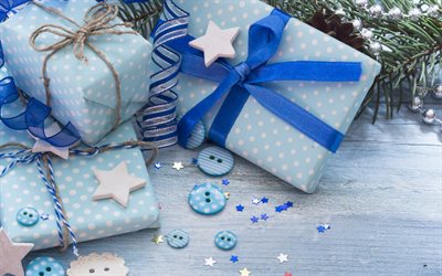 Christmas, New Year, blue gift boxes, decoration, Christmas tree, white wooden stars