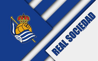 Real Sociedad-FC, bl&#229; vit abstraktion, San Sebastian, Spanien, 4K, Spansk fotbollsklubb, logotyp, material och design, fotboll, La Liga
