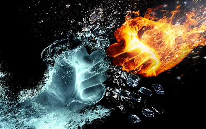 Water vs Fire, hands, heat, ice, creative, art