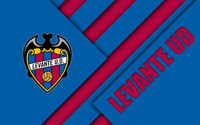 Levante UD, 4K, Spansk fotbollsklubb, bl&#229; r&#246;d abstraktion, Hiss logotyp, material och design, fotboll, La Liga, Valencia, Spanien