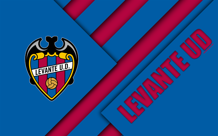 Levante UD, 4K, الاسباني لكرة القدم, الأزرق الأحمر التجريد, رفع شعار, تصميم المواد, كرة القدم, الدوري الاسباني, فالنسيا, إسبانيا