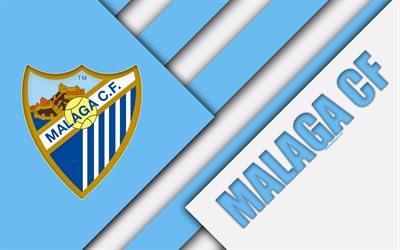 Malaga CF, 4K, Spansk fotbollsklubb, Malaga logotyp, material och design, bl&#229; vit abstraktion, fotboll, La Liga, Malaga, Spanien