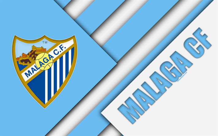 Malaga CF, 4K, Espanjan football club, Malaga-logo, materiaali suunnittelu, sininen valkoinen abstraktio, jalkapallo, La Liga, Malaga, Espanja