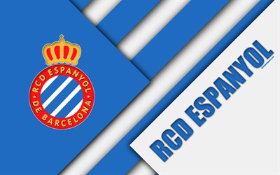 RCD Espanyol FC, 4K, Espanjan football club, Espanjan logo, materiaali suunnittelu, sininen valkoinen abstraktio, jalkapallo, La Liga, Barcelona, Espanja