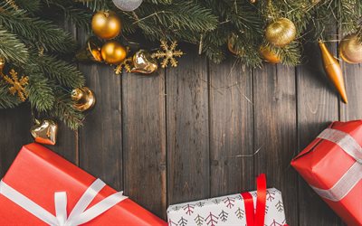 Buon Natale, di legno, sfondo, capodanno, rosso, scatole regalo, albero di Natale