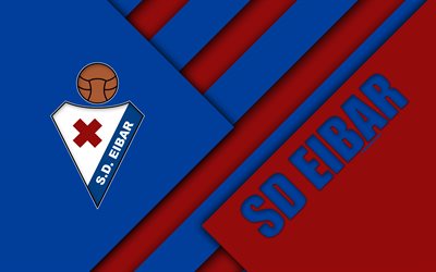 SD Eibar, 4K, İspanyol Futbol Kul&#252;b&#252;, logosu, malzeme tasarım, Mavi Kırmızı soyutlama, futbol, UEFA, Eibar, Spain