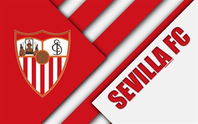 Sevilla FC, 4K, الاسباني لكرة القدم, شعار, تصميم المواد, الأبيض الأحمر التجريد, كرة القدم, الدوري الاسباني, اشبيلية, إسبانيا
