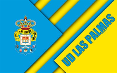 UDラス-パルマス-FC, 4K, スペインサッカークラブ, ロゴ, 材料設計, 青黄抽象化, サッカー, リーガ, ラスパルマスデグランカナリア, スペイン