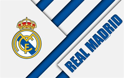 Real Madrid CF, 4K, Espanjan football club, Real Madrid logo, materiaali suunnittelu, sininen valkoinen abstraktio, jalkapallo, La Liga, Madrid, Espanja