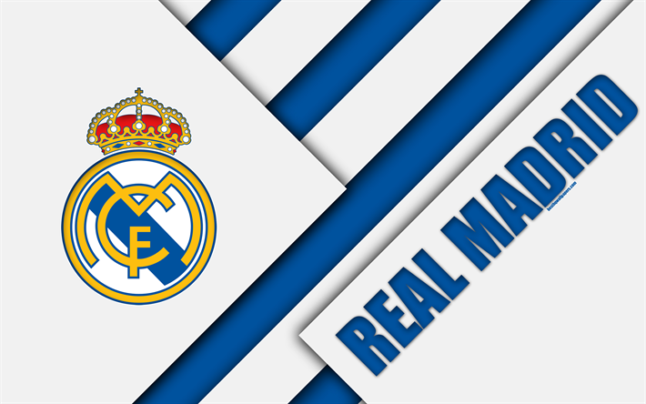 Real Madrid CF, 4K, Spanish football club, Real Madrid logo, material design, blue white abstraction, football, La Liga, Madrid, Spain