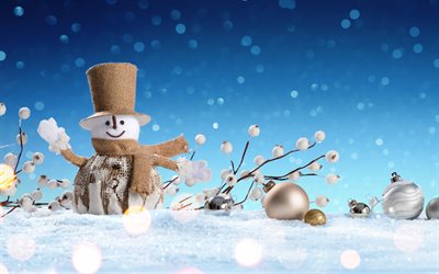 winter, snowman, Christmas, snow, Christmas golden balls, New Year