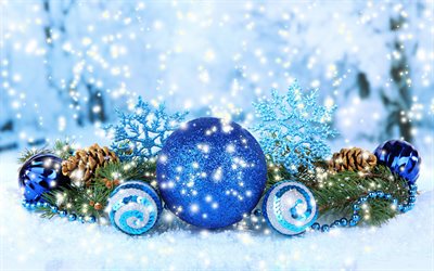 Happy New Year, 2018, blue christmas balls, decoration, Christmas, winter, snow