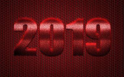 2019 Year, Happy New Year 2019, red 2019 background, red glittering texture, 2019 art, 2019 concepts, red metal mesh