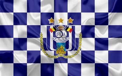 RSC Anderlecht, 4k, logo, creative art, white blue checkered flag, Belgian football club, Jupiler Pro League, Belgian First Division A, emblem, silk texture, Anderlecht, Belgium, football