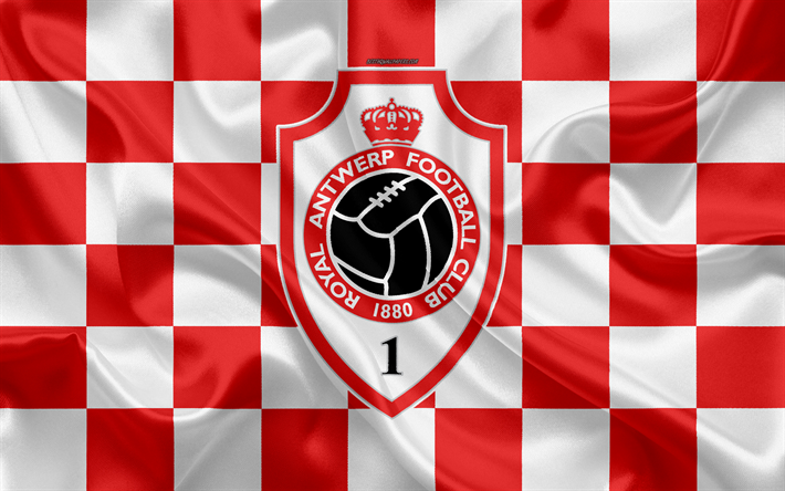 Royal Antwerp FC, 4k, logo, creative art, white, red checkered flag, Belgian football club, Jupiler Pro League, Belgian First Division A, emblem, silk texture, Antwerp, Belgium, football
