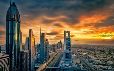 Dubai, EMIRADOS &#225;rabes unidos, noite, p&#244;r do sol, lindo c&#233;u, arranha-c&#233;us, metr&#243;pole moderna, centros de neg&#243;cios