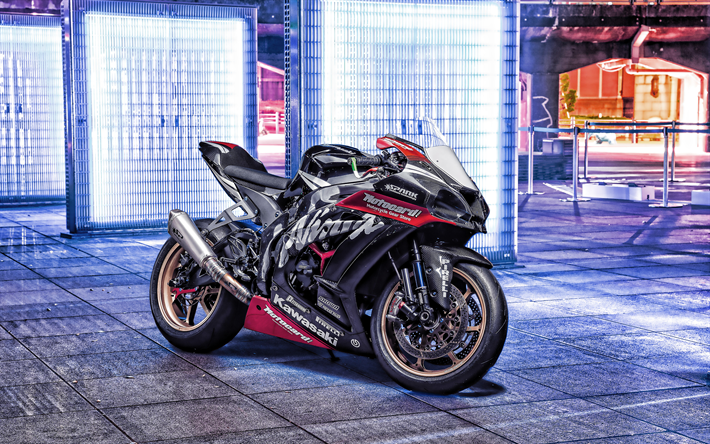 4k, Kawasaki Ninja ZX-10R, gece, 2019 bisiklet, superbikes, sokak, Japon motosikletler, yeni ZX-10R, Kawasaki