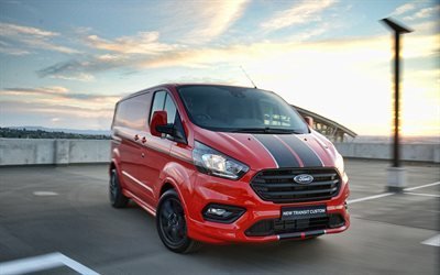 Ford Transit &#214;zel, otopark, 2018 araba, kırmızı van, Yeni Transit Custom, ayarlama, motion blur, Ford