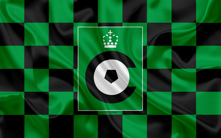Cercle Brugge KSV, 4k, logotipo, arte creativo, verde, negro de la bandera a cuadros, el Belga club de f&#250;tbol de la Jupiler Pro League Belga de Primera Divisi&#243;n A, con el emblema de la seda textura, Brujas, B&#233;lgica, el f&#250;tbol