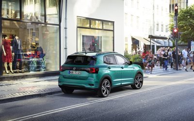 Volkswagen T-Cross, 2019, rear view, new compact crossover, new turquoise T-Cross, german cars, Volkswagen