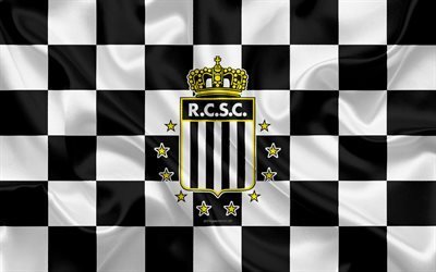 Royal Charleroi Sporting Club, RCSC, 4k, logo, creative art, white black checkered flag, Belgian football club, Jupiler Pro League, Belgian First Division A, emblem, silk texture, Charleroi, Belgium, football, Charleroi FC
