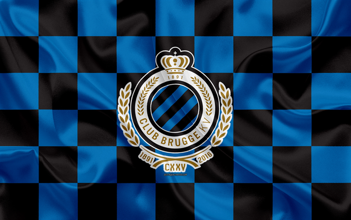 Club Brugge KV, 4k, logotyp, kreativ konst, bl&#229;-svart-rutig flagga, Belgiska fotbollsklubb, Jupiler Pro League, Belgiska F&#246;rsta Division Ett, emblem, siden konsistens, Brugge, Belgien, fotboll