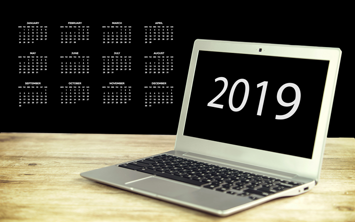 Calendrier pour 2019 Ann&#233;e, tous les mois, 2019 calendrier, ordinateur portable, art cr&#233;atif, 2019 concepts