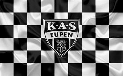 KAS Eupen, 4k, logo, creative art, white black checkered flag, Belgian football club, Jupiler Pro League, Belgian First Division A, emblem, silk texture, Eupen, Belgium, football, Eupen FC