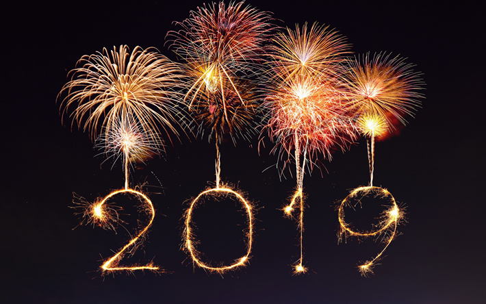 2019 a&#241;o, brillantes fuegos artificiales, 2019 fondo con fuegos artificiales, noche, cielo, explosiones, creativo 2019 arte