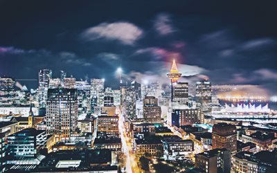 Gece Vancouver, şehir, modern binalar nightscapes, Kuzey Amerika, Vancouver, Kanada
