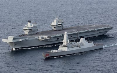 HMS Queen Elizabeth, R08, att leda fartyg, k&#228;rnkraftverk hangarfartyg, HMS Dragon, D35, luft-f&#246;rsvar destroyer, V&#229;ga-klass, Royal Navy, Storbritannien