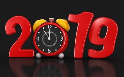 4k, 2019 3D digits, Happy New Year 2019, 2019 clock art, creative, 2019 concepts, 2019 with clock, 2019 year digits