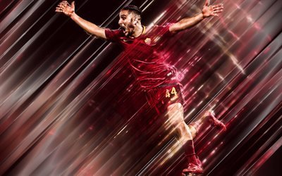 Kostas Manolas, 4k, AS Roma, Greek footballer, creative art, blades style, Serie A, Italy, burgundy background, lines art, football, Konstantinos Manolas