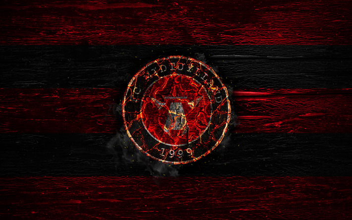 FC Midtjylland, fuego logotipo, Superliga danesa, rojo y negro, l&#237;neas, dan&#233;s club de f&#250;tbol, Odense BK, el grunge, el f&#250;tbol, el Midtjylland logotipo, textura de madera, Dinamarca