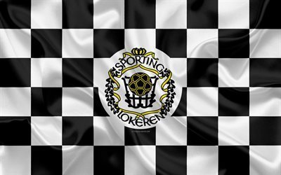 KSC Lokeren Oost-Vlaanderen, Sporting Lokeren, 4k, logotipo, arte creativo, blanco negro de la bandera a cuadros, el Belga club de f&#250;tbol de la Jupiler Pro League Belga de Primera Divisi&#243;n A, el emblema, la seda, la textura, el Lokeren, B&#233;l