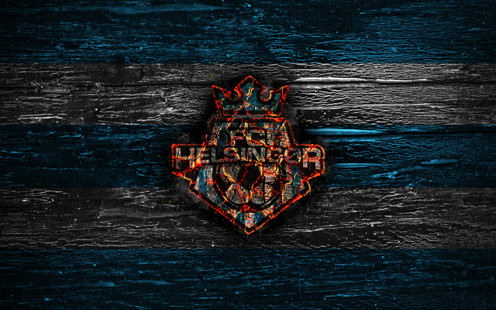 Helsingor FC, fire logo, Danish Superliga, blue and white lines, Danish football club, FC Helsingor, grunge, football, soccer, Helsingor logo, wooden texture, Denmark