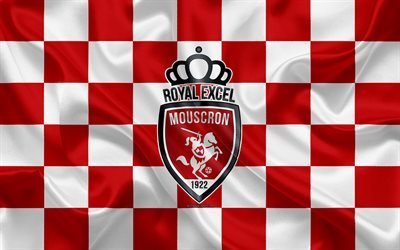 Royal Excel Mouscron, 4k, logo, creative art, white red checkered flag, Belgian football club, Jupiler Pro League, Belgian First Division A, emblem, silk texture, Mouscron, Belgium, football, Mouscron FC