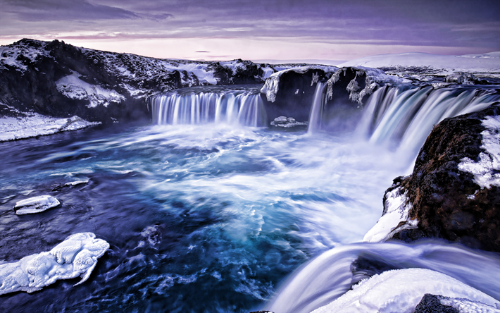 4k, Godafoss in winter, cliffs, beautiful nature, Icelandic landmarks, waterfall, Godafoss, Iceland, Europe