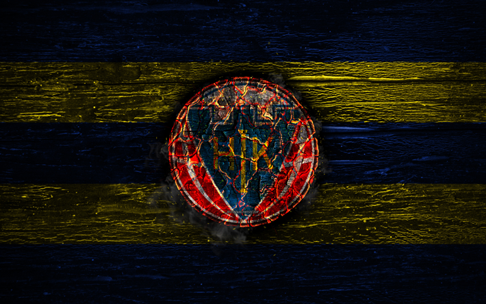 Hobro FC, fire logo, Danish Superliga, blue and yellow lines, Danish football club, Hobro IK, grunge, football, soccer, Hobro logo, wooden texture, Denmark