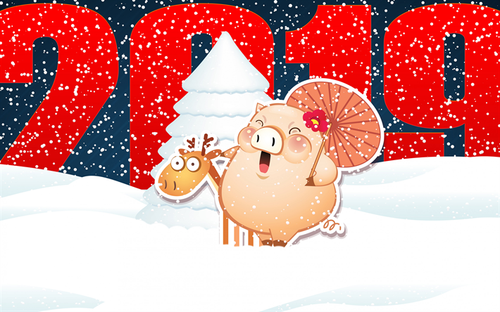 winter background, Happy New Year 2019, winter, snow, art, 2019 Year of the pig, cute pig, deer, New Year, 2019 concepts