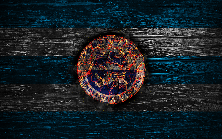 Sonderjyske FC, fire logo, Danish Superliga, blue and white lines, Danish football club, SonderjyskE Fodbold, grunge, football, soccer, Sonderjyske logo, wooden texture, Denmark