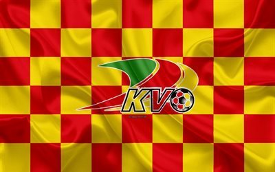 KV Oostende, 4k, شعار, الفنون الإبداعية, أحمر أصفر العلم متقلب, البلجيكي لكرة القدم, البلجيكي دوري المحترفين, البلجيكي الدرجة الأولى A, نسيج الحرير, أوستند, بلجيكا, كرة القدم, Oostende FC