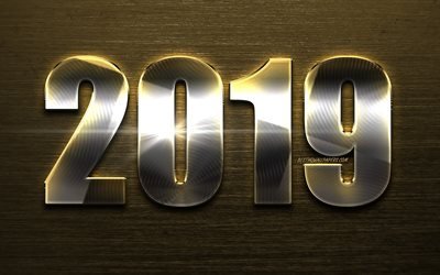 2019 polished metal digits, Happy New Year 2019, brown metal background, 2019 metal art, 2019 concepts, neon lights, 2019 on metal background, 2019 year digits