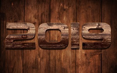 2019 Year, Happy New Year 2019, wooden texture, 2019 wooden background, creative art, 2019 concepts