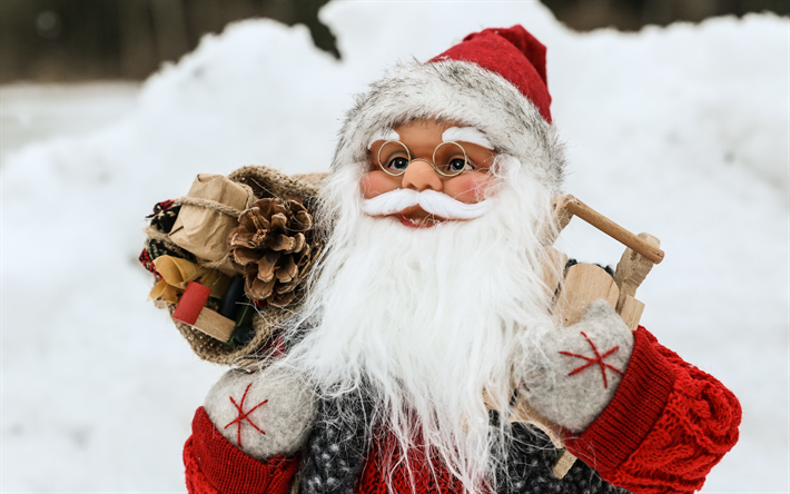 Santa Claus, winter, snow, figure, New Year, cones, gifts