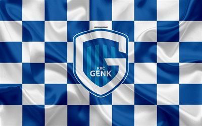 KRC Genk, 4k, logo, creative art, blue white checkered flag, Belgian football club, Jupiler Pro League, Belgian First Division A, emblem, silk texture, Genk, Belgium, football, Genk FC