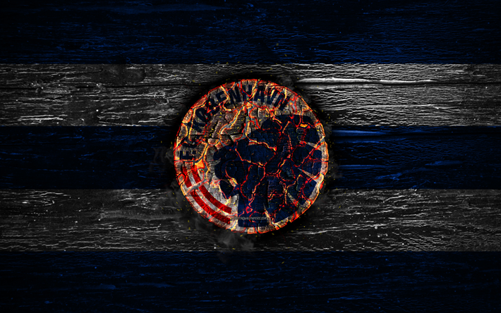 Copenhagen FC, fire logo, Danish Superliga, blue and white lines, Danish football club, FCKDK, grunge, football, soccer, Copenhagen logo, wooden texture, Denmark