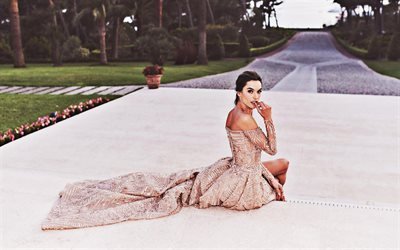 Alessandra Ambrosio, Brazilian supermodel, luxurious beige evening dress, photoshoot, brunettes, beautiful woman, Alessandra Corine Maria Ambrosio